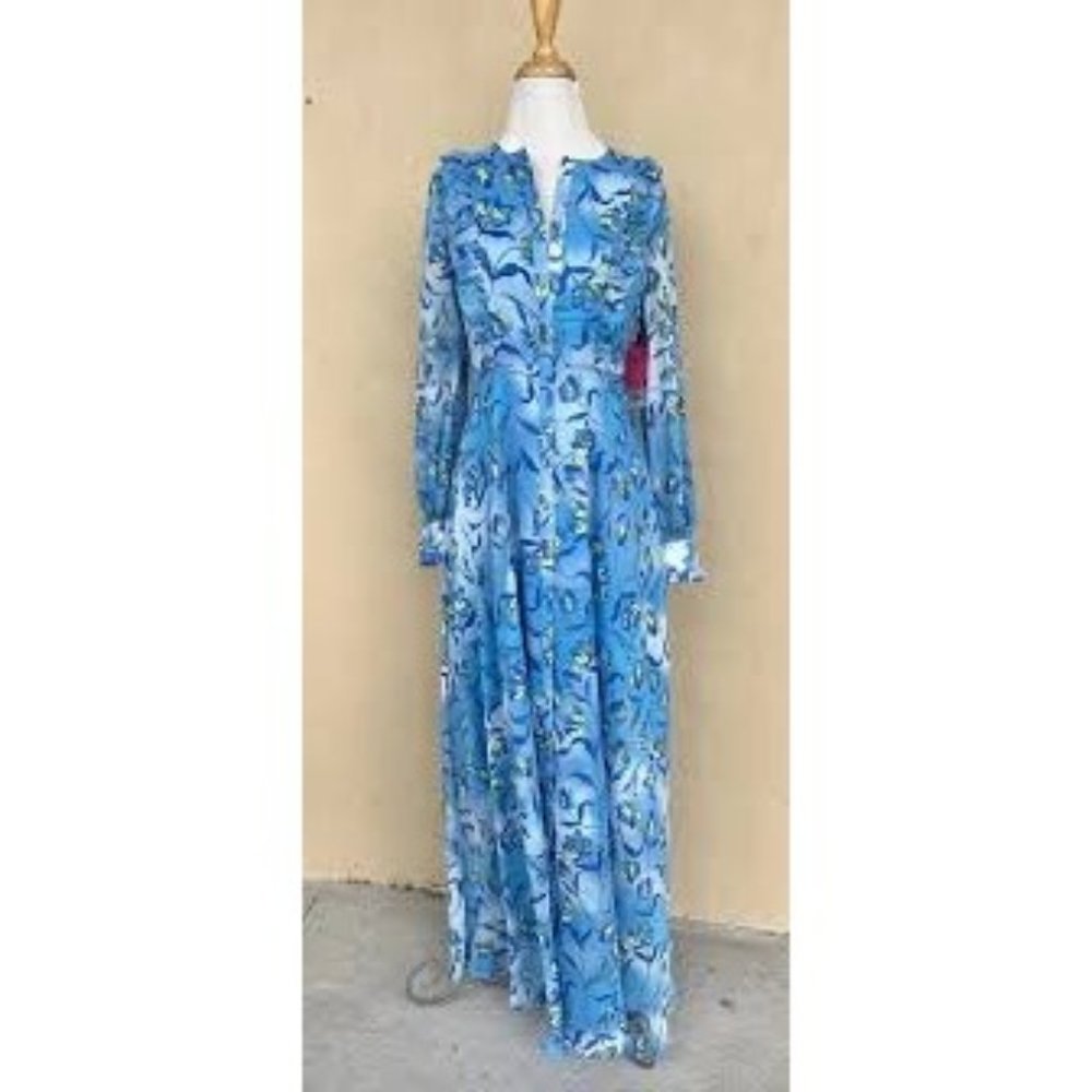 Blue Floral Maxi Dress- Prabel Gurung - Elegant Long Sleeve Women's Dress